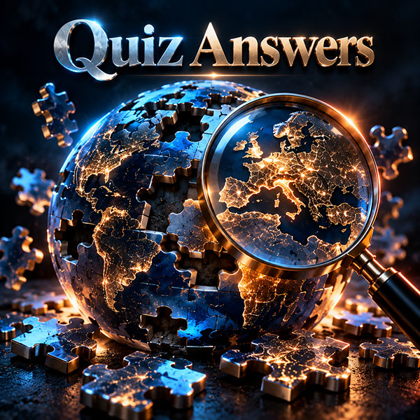A partially assembled 3D Earth jigsaw puzzle with glowing blue and gold continents, viewed through a magnifying glass.